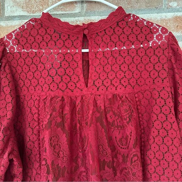 Torrid Mixed Lace High Neck Blouse Women’s 2 2XL Red Long Sleeves NEW - Picture 6 of 12